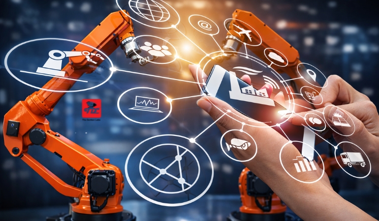 Industrial Asset Digitization dashboard on a tablet showing real-time IIoT performance metrics at The Denken Labs